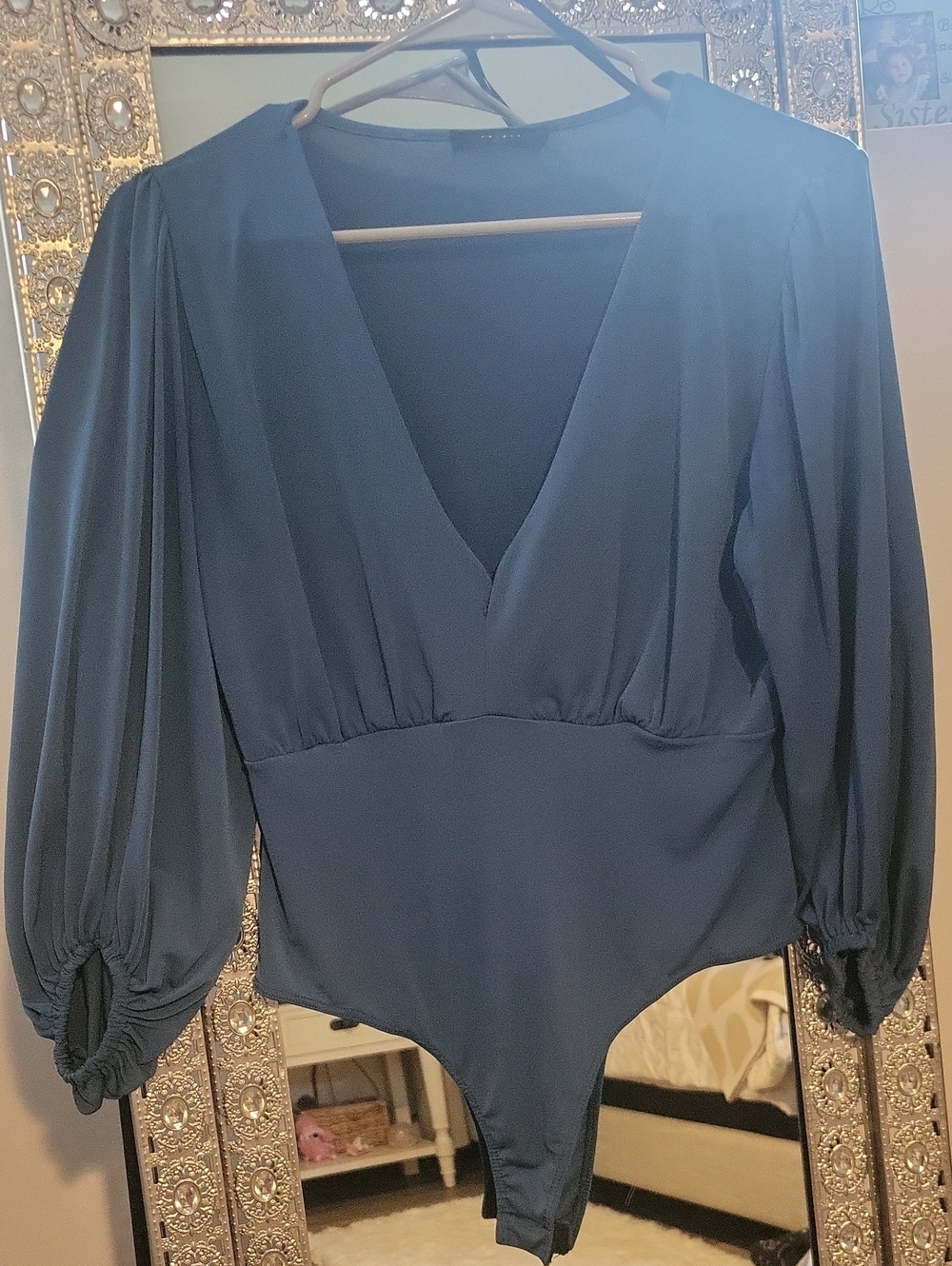 Dressy V-Neck Navy Blue Long-Sleeve Bodysuit